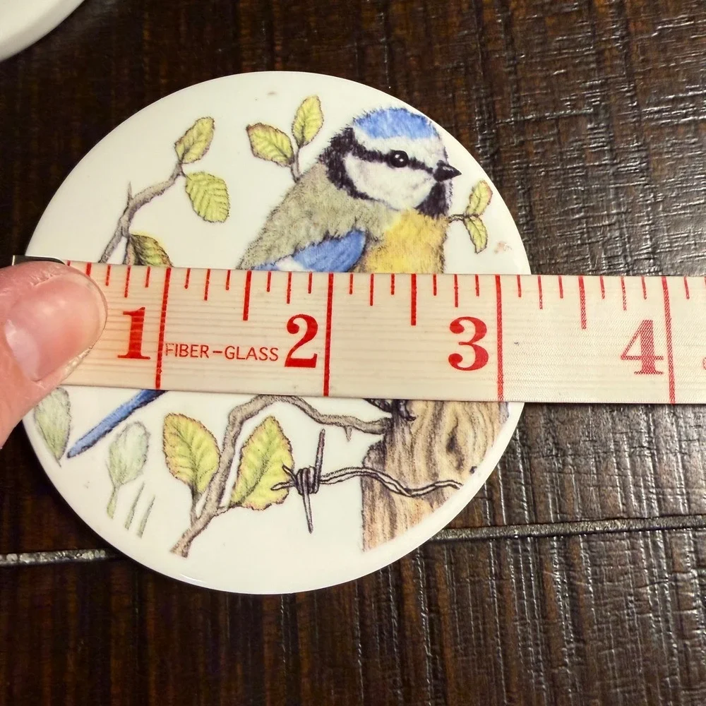 Set of 3 VTG Blue Tit Bird Ceramic Coasters Nature Illustration Decorative Discs